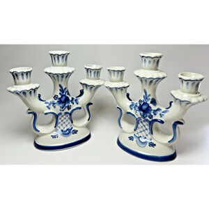 Set Vintage Gzhel Russian Triple Candle Porcelain Candelabras Blue White Floral